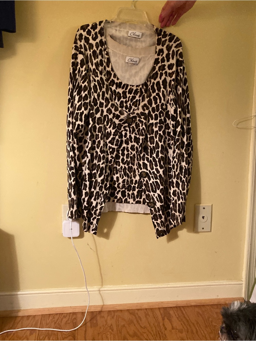 Chaus Leopard Print Button Cardigan in Black and Cream with matching tank.